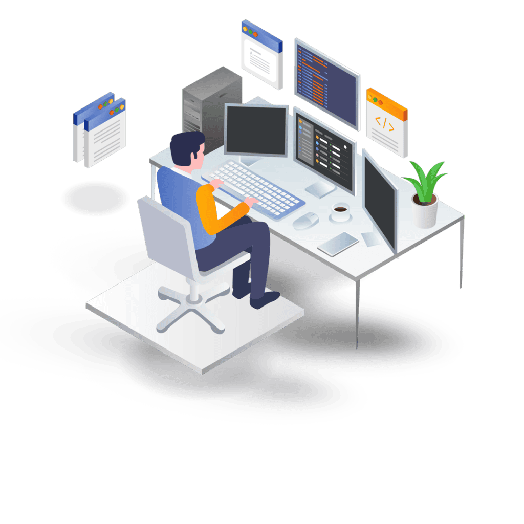Developer working on multiple screens with remote access software for secure login solutions.